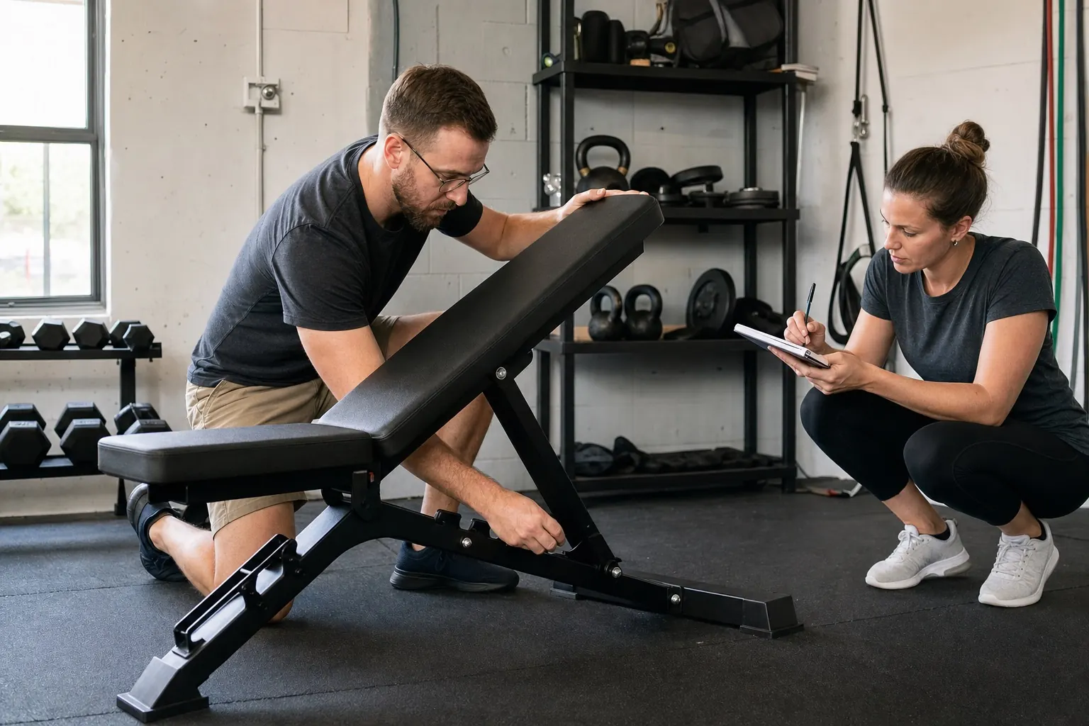 Zwei unabhängige Prüfer kontrollieren Mechanik und Stabilität einer Trainingsbank.