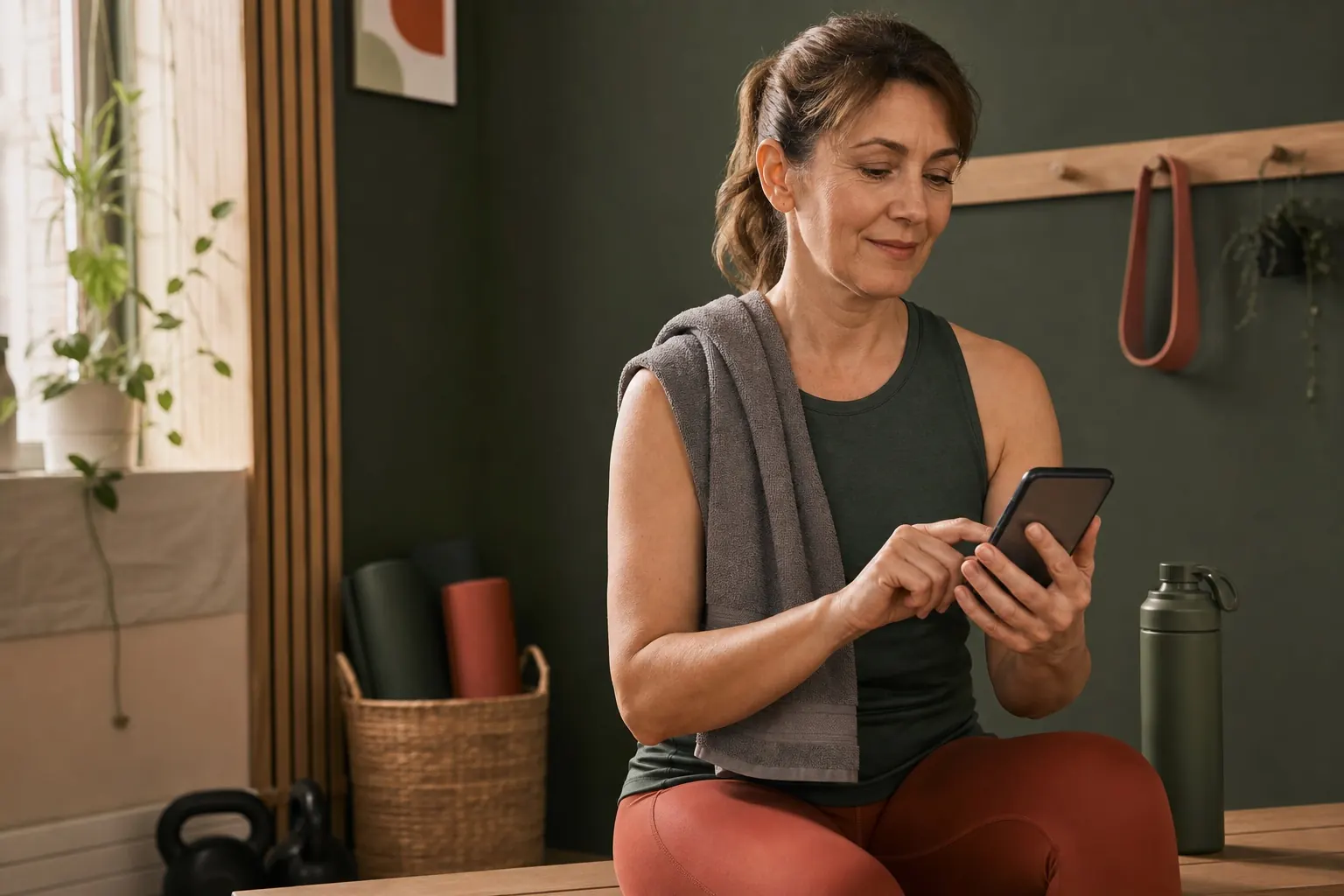 Sportlerin wählt nach dem Training selbstständig Einstellungen am Smartphone.