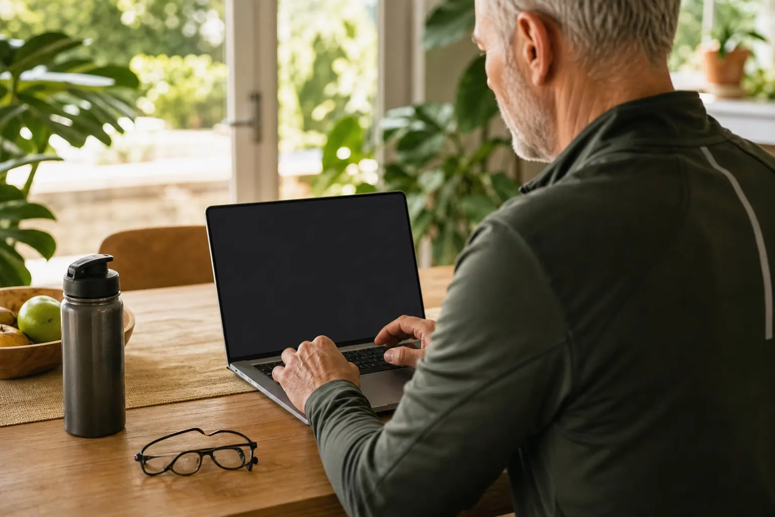 Aktiver älterer Mann kontrolliert Einstellungen an seinem Laptop.