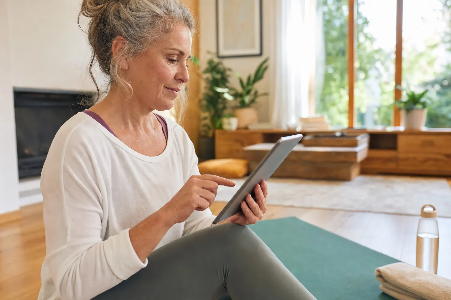 Ältere Frau ändert nach ihrer Dehnroutine in Ruhe Einstellungen auf einem Tablet.