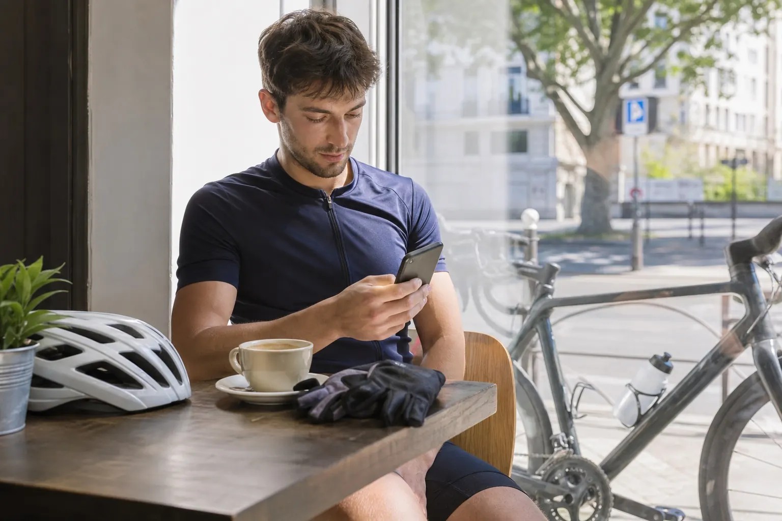 Radfahrer überprüft bei einer Pause selbstständig Optionen auf seinem Smartphone.