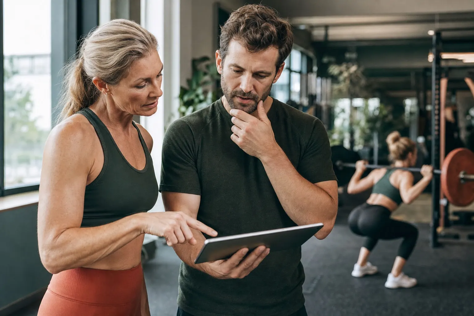 Trainerin und Redakteur prüfen gemeinsam eine Bewegungsausführung im Fitnessstudio.