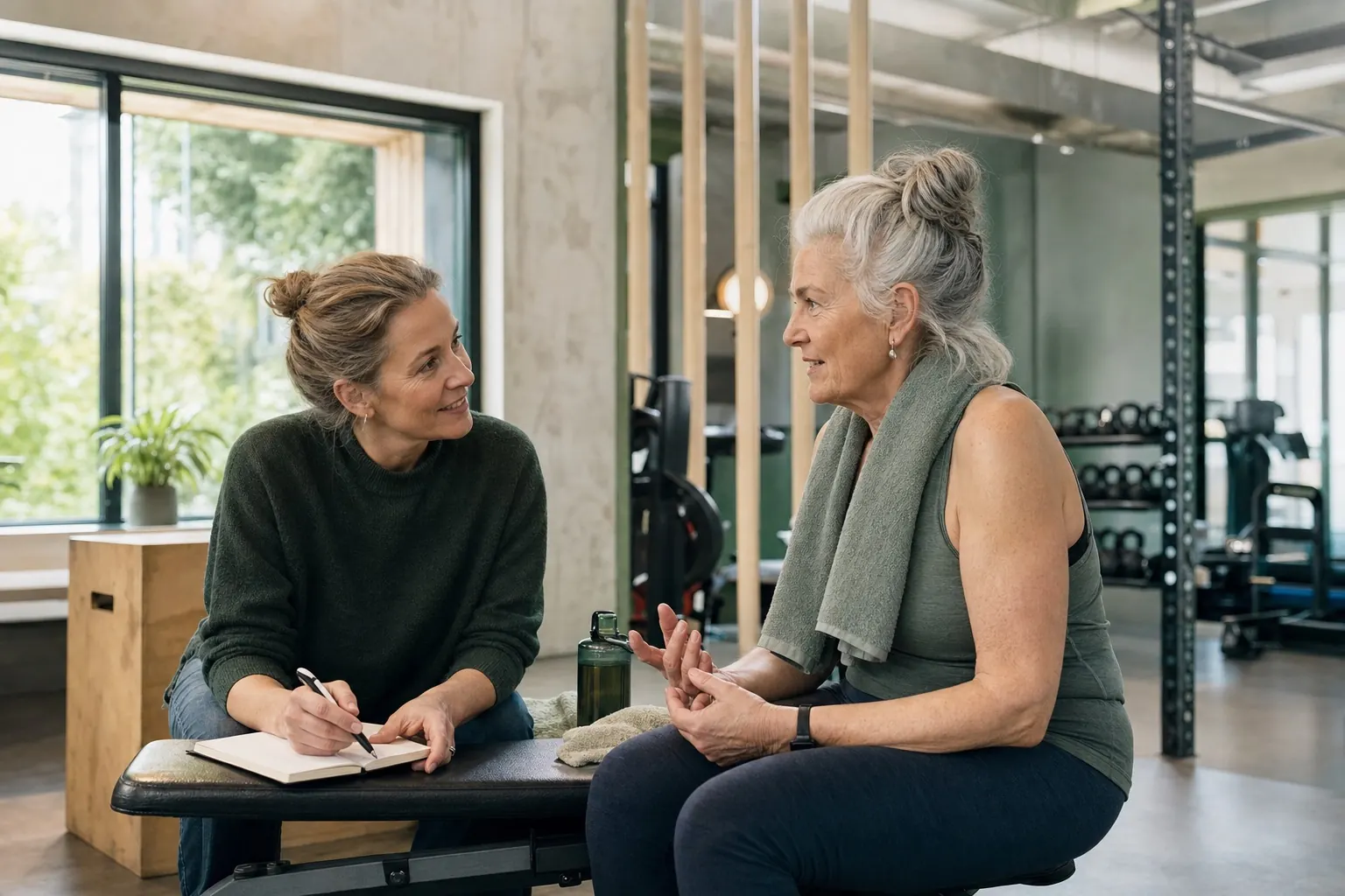 Fitnessredakteurin hört einer aktiven älteren Frau nach ihrem Training aufmerksam zu.