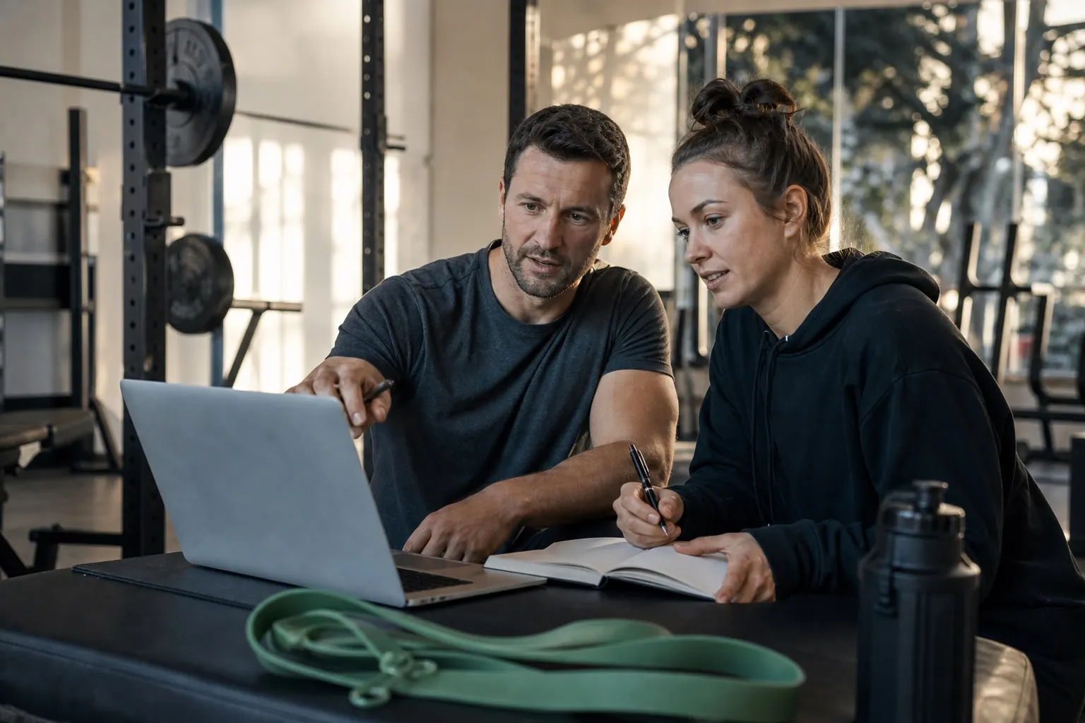 Coach und Faktenprüferin analysieren gemeinsam eine gefilmte Bewegungsausführung.