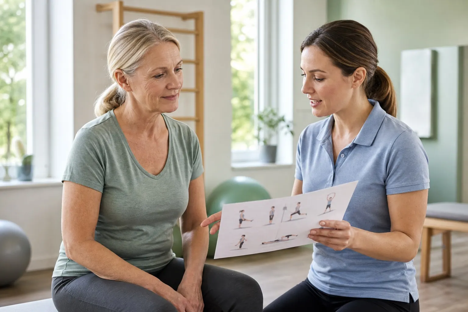 Physiotherapeutin bespricht mit einer aktiven Frau eine sichere Bewegungsentscheidung.