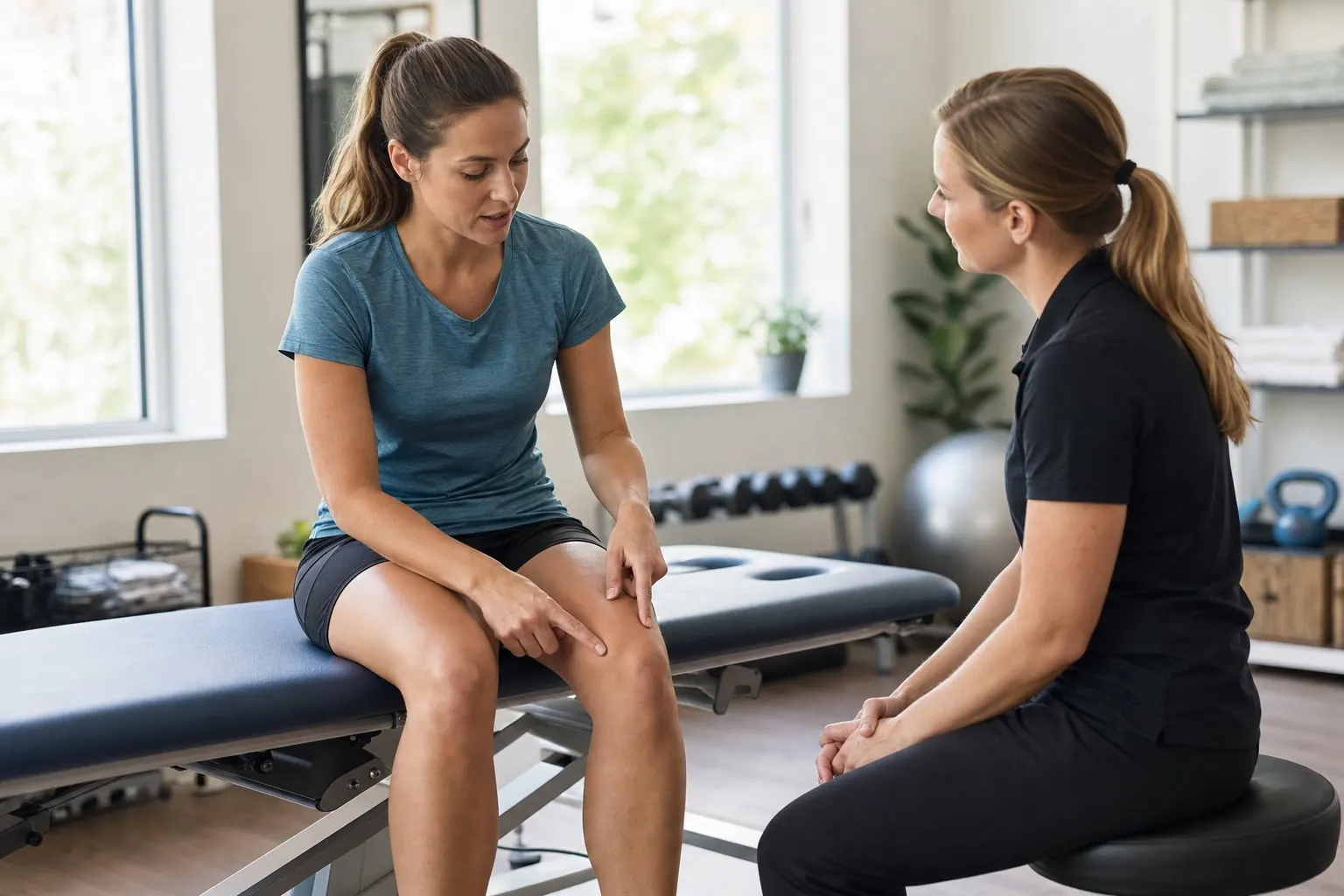Läuferin beschreibt einer Physiotherapeutin ruhig wiederkehrende Beschwerden am Knie.