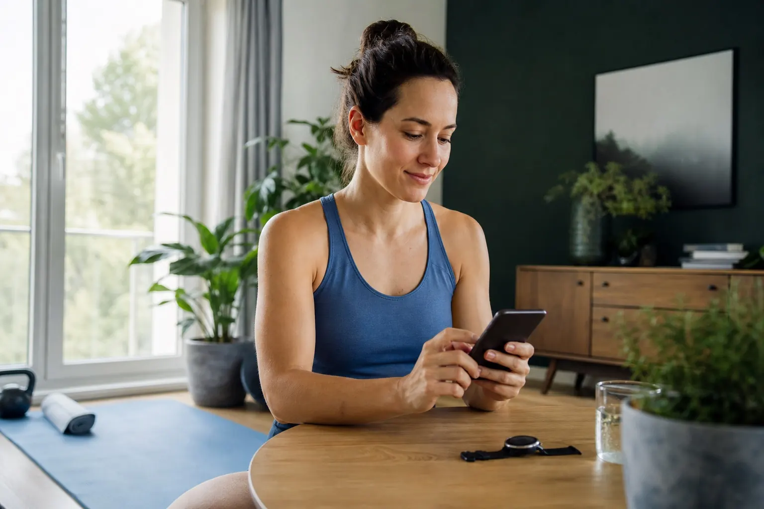 Sportlerin überprüft nach dem Training bewusst ihre Datenschutzeinstellungen am Smartphone.