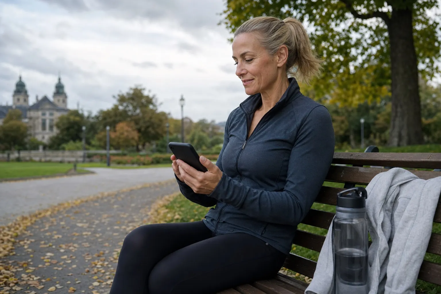 Aktive Frau prüft nach dem Training selbstbestimmt Einstellungen auf ihrem Smartphone.