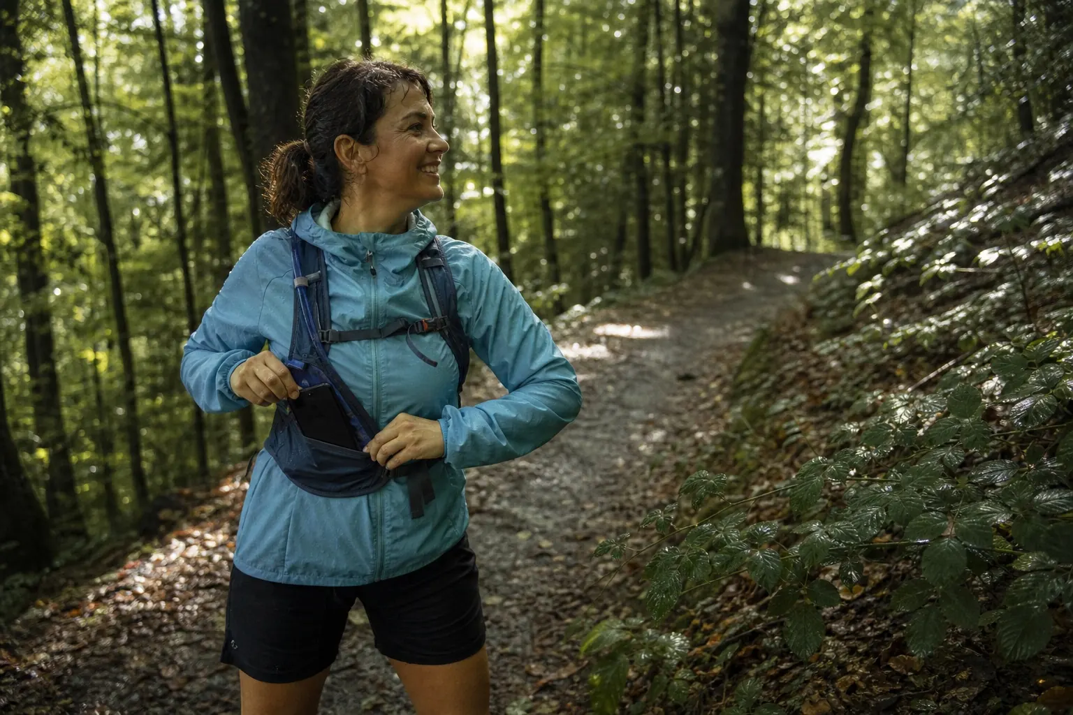 Trailrunnerin verstaut ihr Smartphone und richtet den Blick auf den Waldweg.