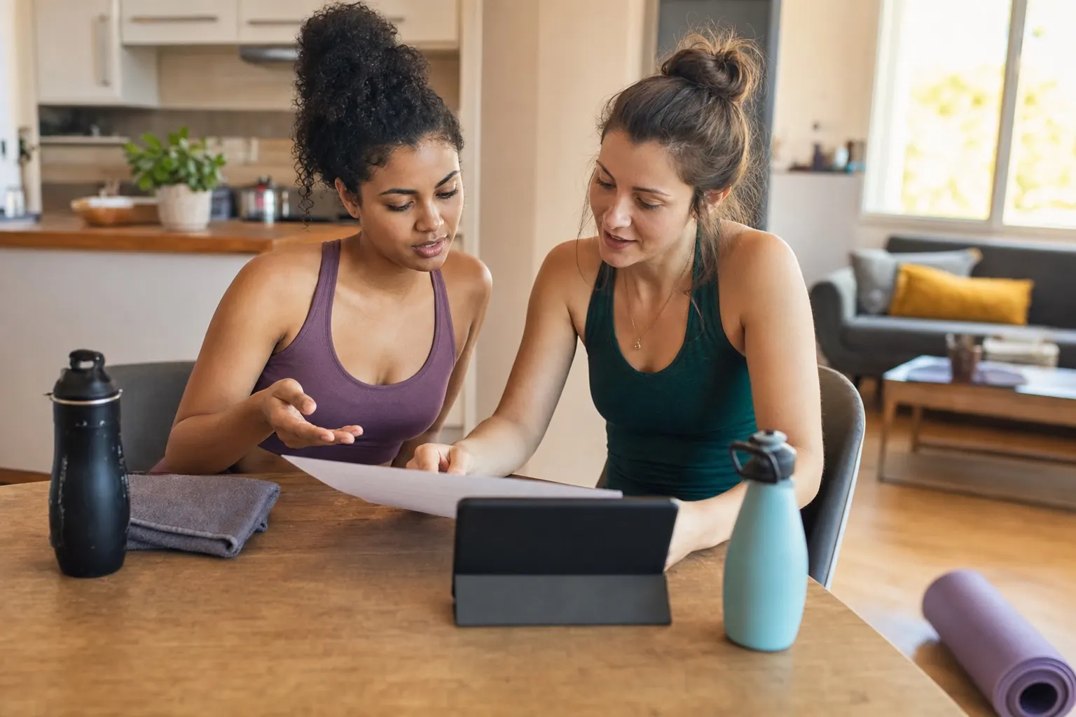 Zwei Freundinnen prüfen gemeinsam die Bedingungen eines digitalen Trainingsangebots.