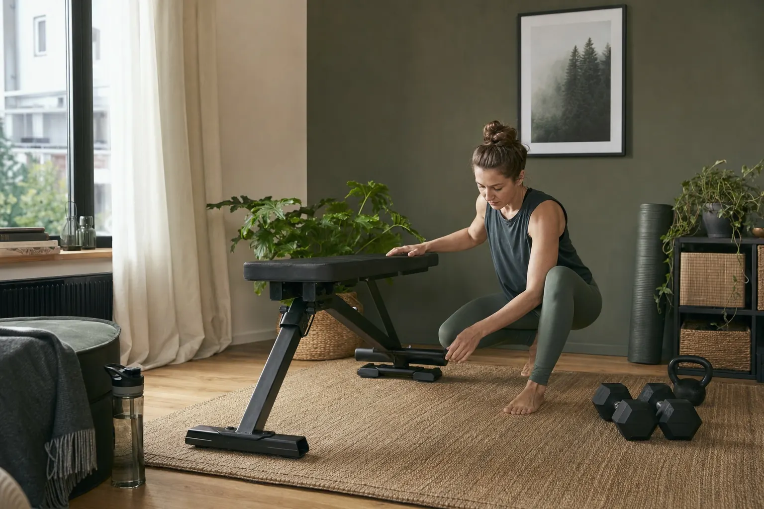 Sportlerin prüft Aufbau und Stabilität einer Trainingsbank im eigenen Zuhause.