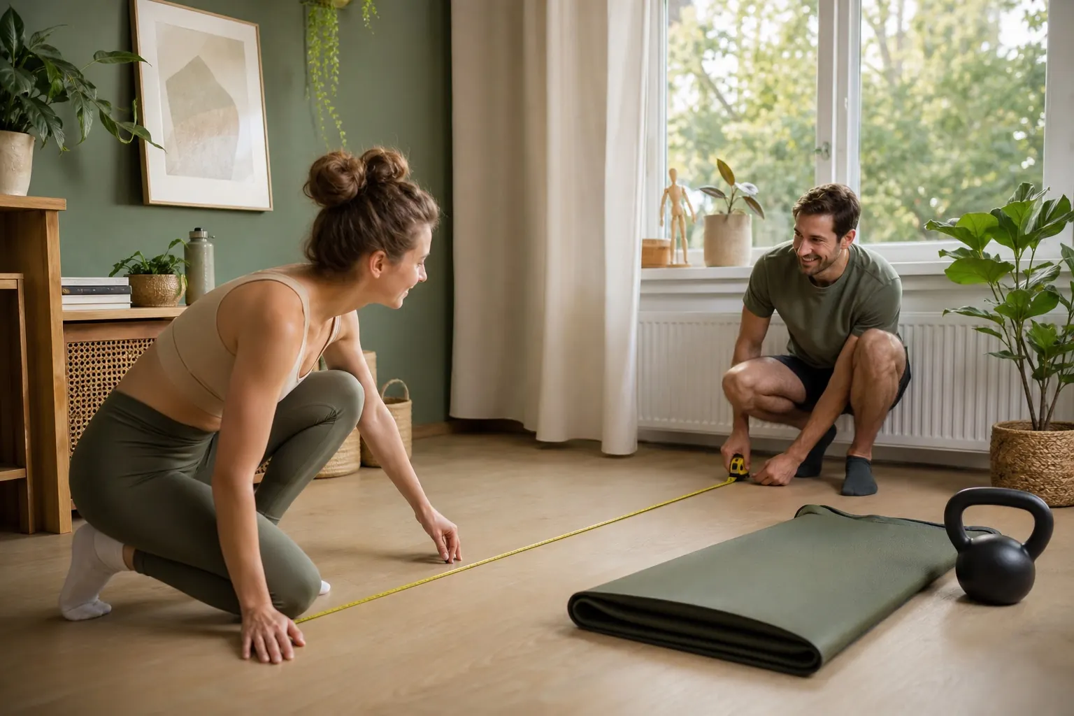Paar vermisst gemeinsam den verfügbaren Platz für ein kleines Home-Gym.