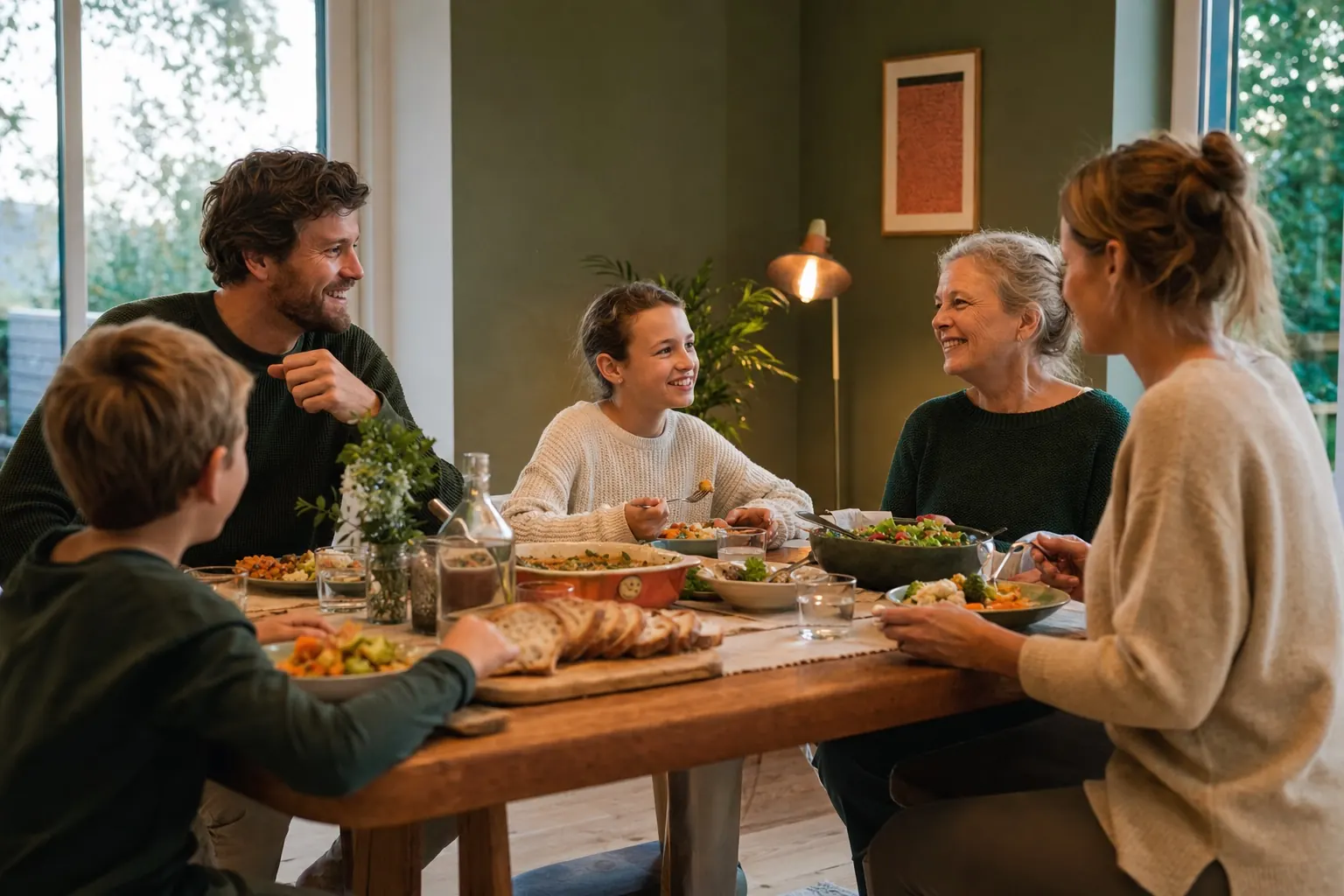 Mehrere Generationen teilen ein entspanntes ausgewogenes Abendessen.