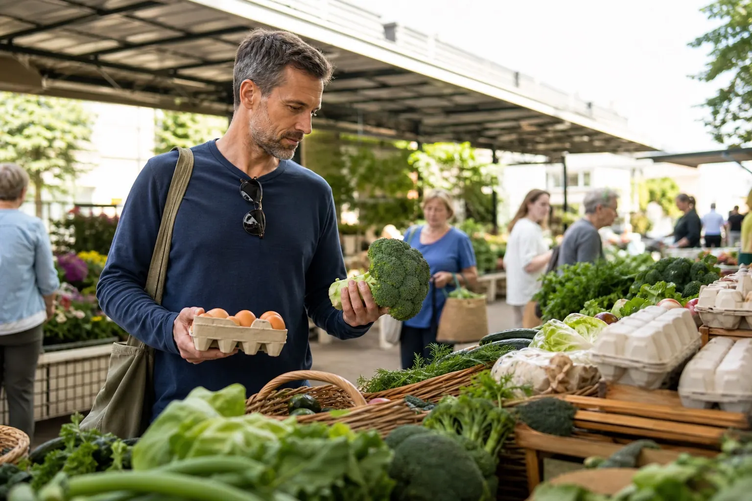 Aktiver Mann wählt auf einem Wochenmarkt bewusst Eier, Gemüse und weitere Grundzutaten aus.