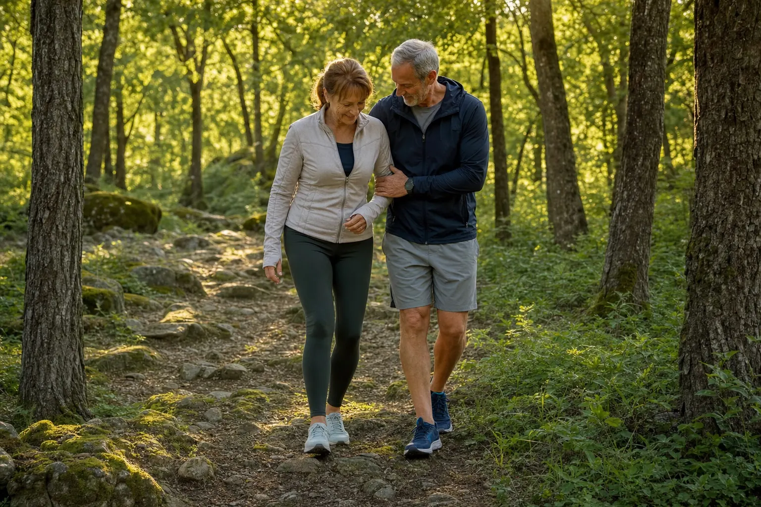 Älteres Paar unterstützt sich bei einem aktiven Spaziergang durch den Wald.