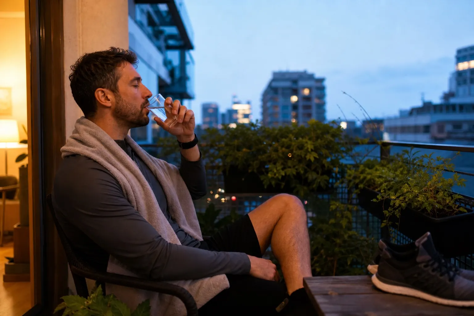 Sportler erholt sich nach einer moderaten Einheit ruhig auf seinem Balkon.