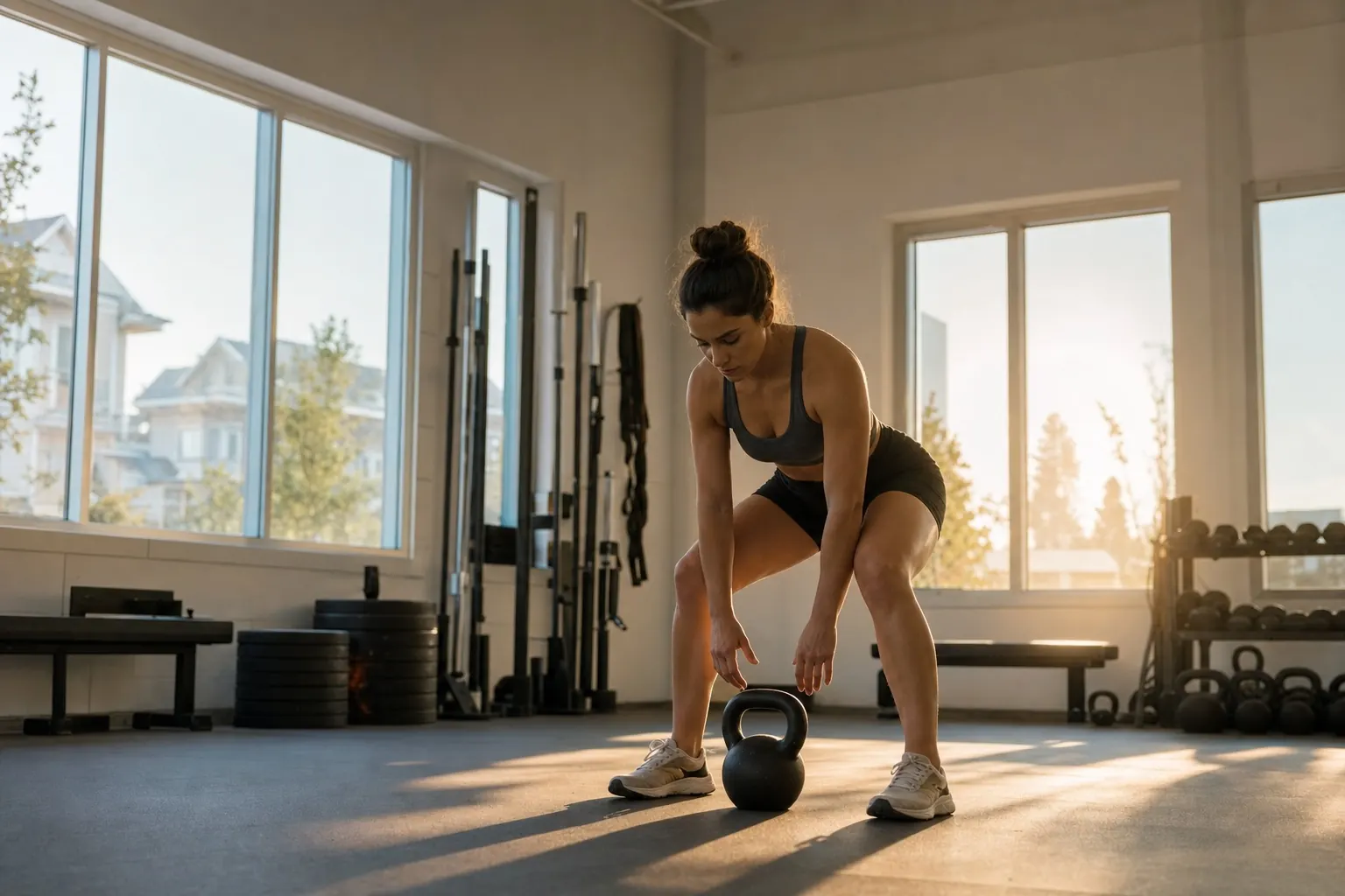 Sportlerin bereitet sich im Morgenlicht konzentriert auf eine kontrollierte Kettlebell-Übung vor.