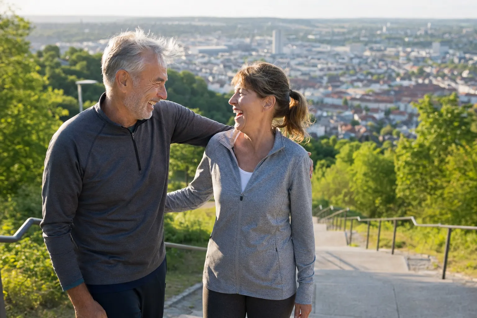 Aktives älteres Paar freut sich nach einem gemeinsamen Treppentraining über den Ausblick.