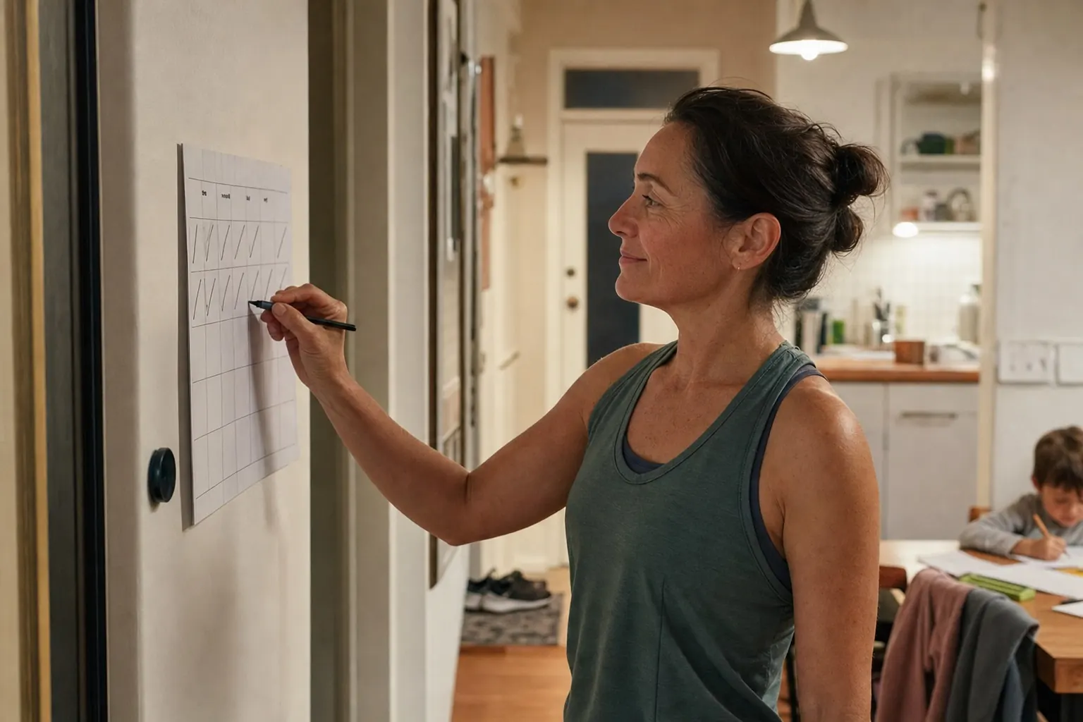 Berufstätige Mutter markiert zufrieden eine absolvierte Trainingseinheit in ihrem Wochenplan.